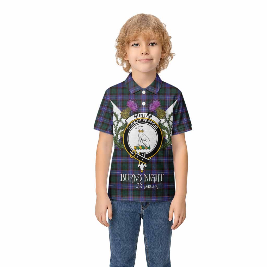 Hunter (Hunterston) Tartan Family Crest Kid Polo Shirt Scottish Burns Night Thistle Floral
