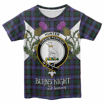 Hunter (Hunterston) Tartan Family Crest Kid T-shirt Scottish Burns Night Thistle Floral