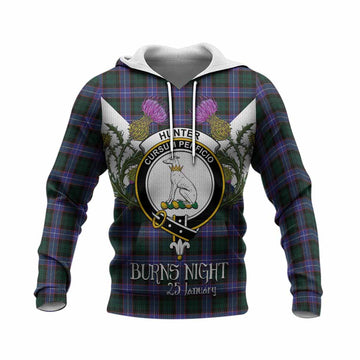 Hunter (Hunterston) Tartan Family Crest Knitted Hoodie Scottish Burns Night Thistle Floral