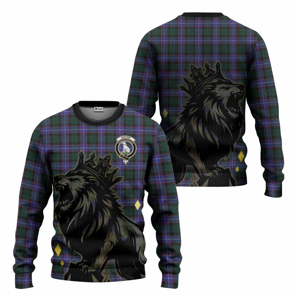 Hunter (Hunterston) Tartan Family Crest Knitted Sweater Crowned Lion Roaring