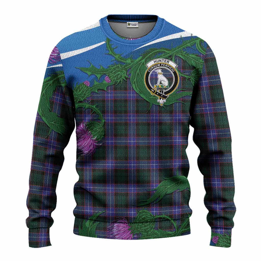 Hunter (Hunterston) Tartan Family Crest Knitted Sweater Thistle in Minimalism