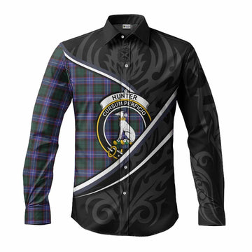 Hunter (Hunterston) Tartan Family Crest Long Sleeve Button Shirts Celtic Scottish Thistle Floral