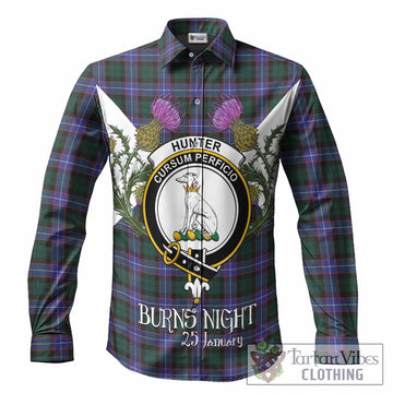 Hunter (Hunterston) Tartan Family Crest Long Sleeve Button Shirts Scottish Burns Night Thistle Floral