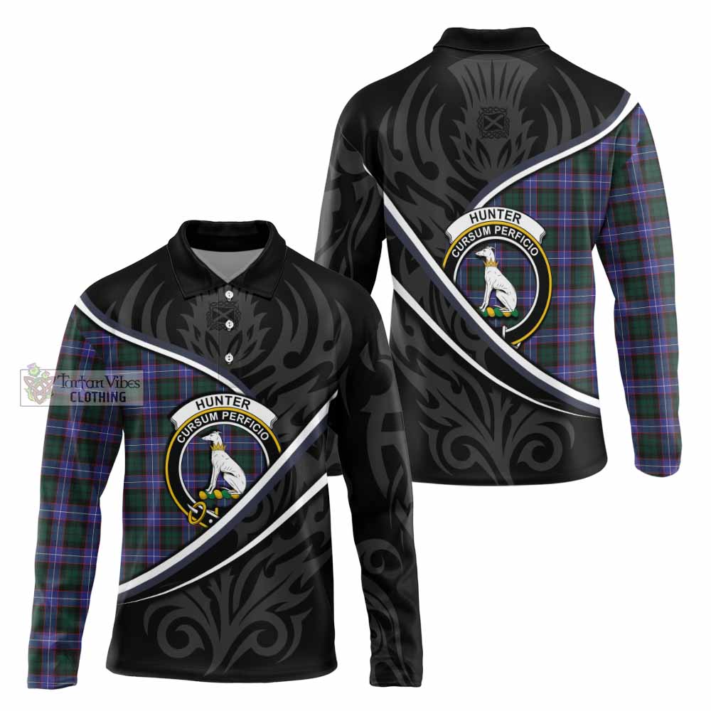 Hunter (Hunterston) Tartan Family Crest Long Sleeve Polo Shirt Celtic Scottish Thistle Floral - Tartan Vibes Clothing