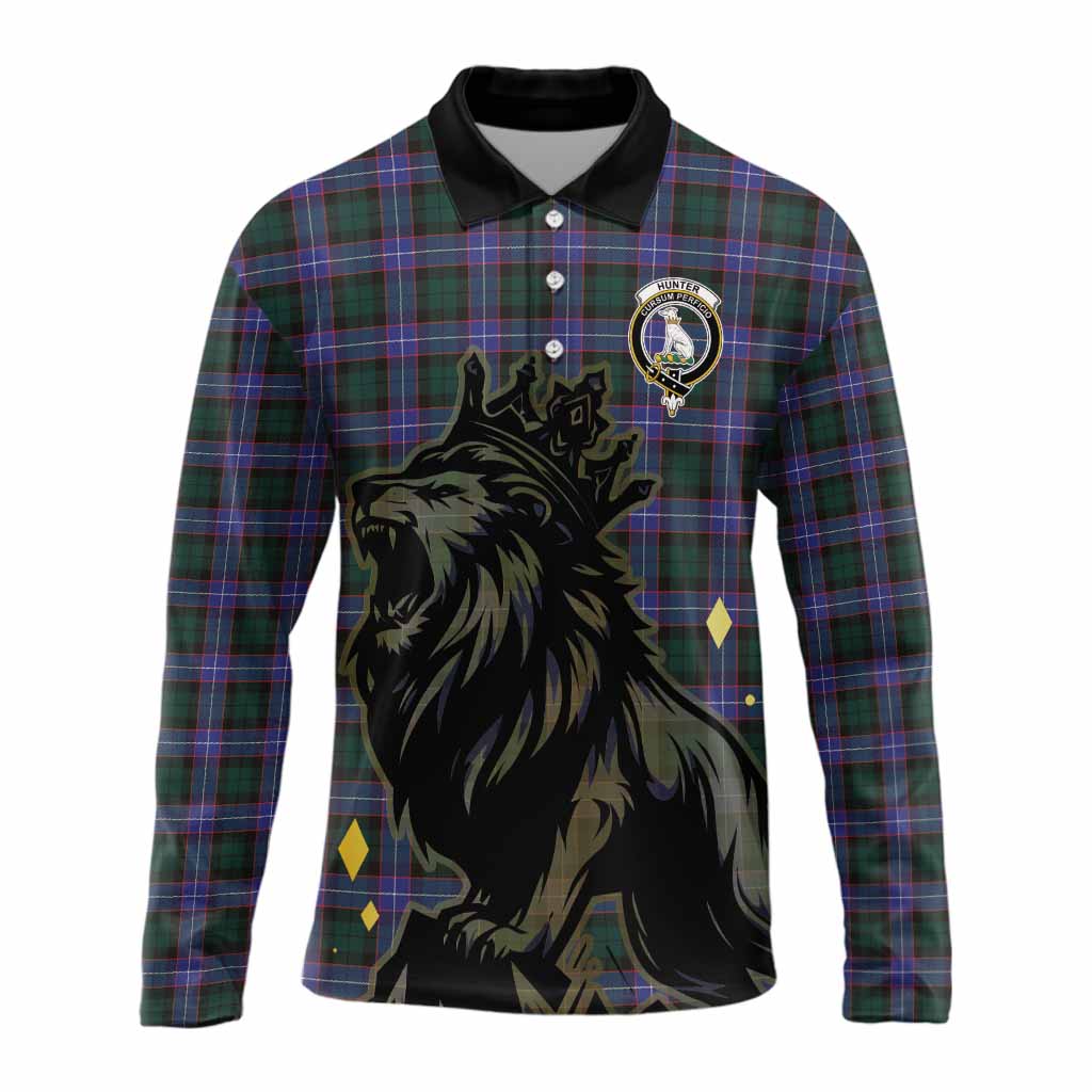 Hunter (Hunterston) Tartan Family Crest Long Sleeve Polo Shirt Crowned Lion Roaring