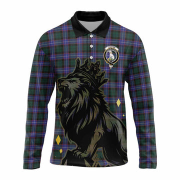 Hunter (Hunterston) Tartan Family Crest Long Sleeve Polo Shirt Crowned Lion Roaring