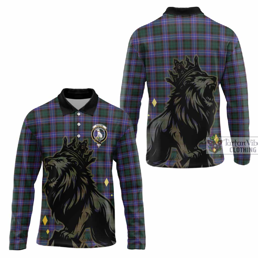 Hunter (Hunterston) Tartan Family Crest Long Sleeve Polo Shirt Crowned Lion Roaring