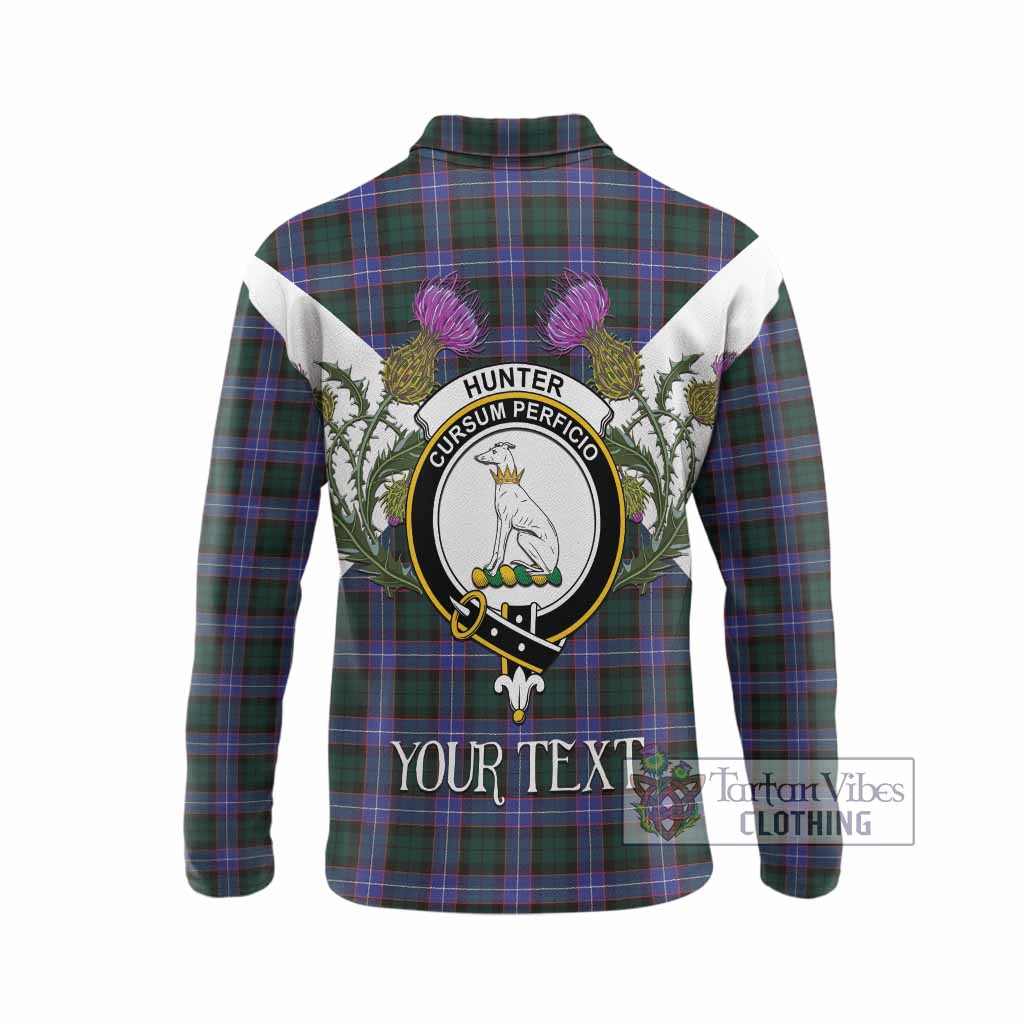 Hunter (Hunterston) Tartan Family Crest Long Sleeve Polo Shirt Scottish Burns Night Thistle Floral