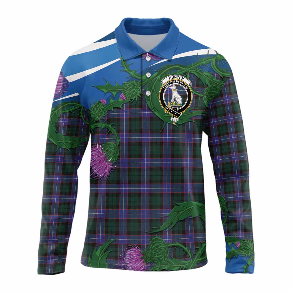 Hunter (Hunterston) Tartan Family Crest Long Sleeve Polo Shirt Thistle in Minimalism