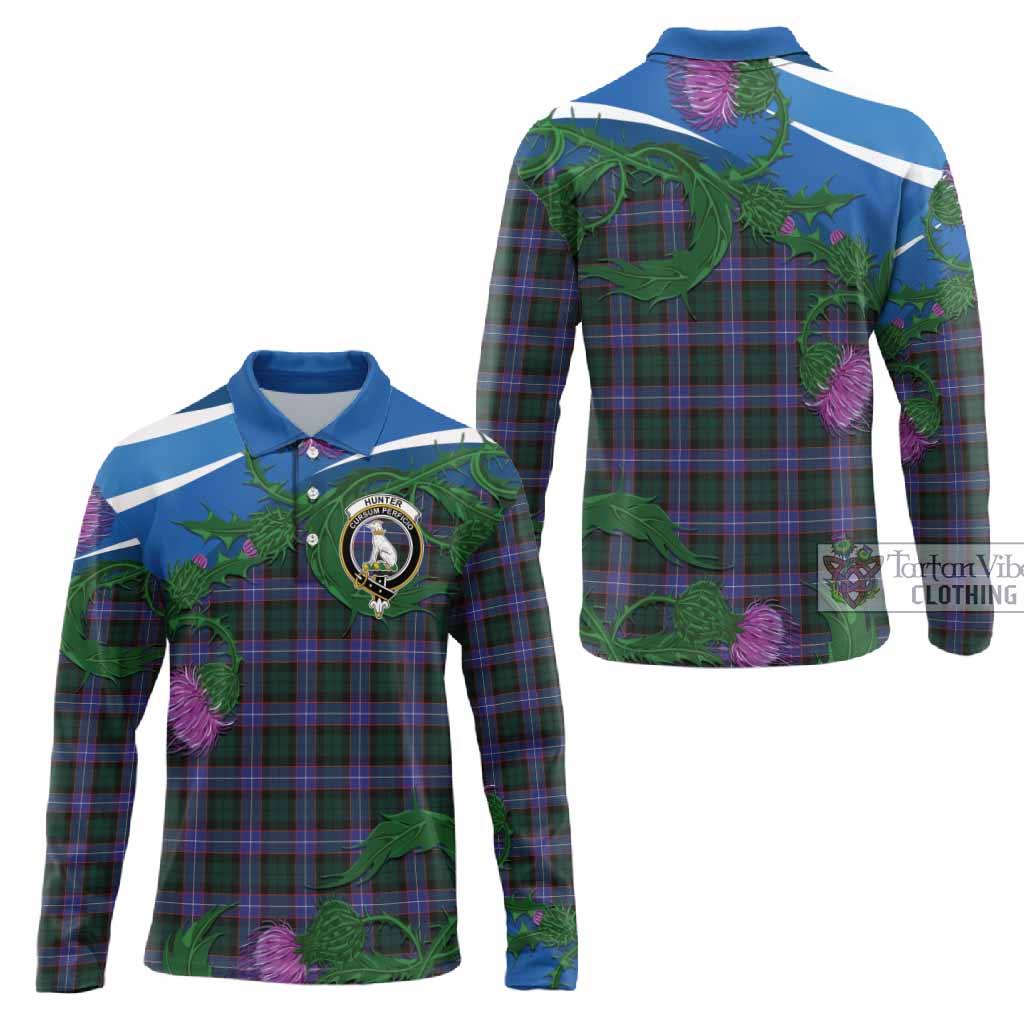 Hunter (Hunterston) Tartan Family Crest Long Sleeve Polo Shirt Thistle in Minimalism