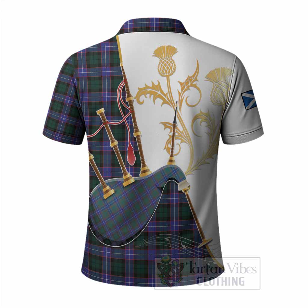 Hunter (Hunterston) Tartan Family Crest Polo Shirt Bagpipes with Scottish Thistle