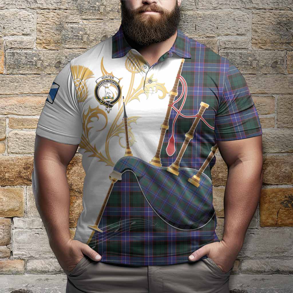 Hunter (Hunterston) Tartan Family Crest Polo Shirt Bagpipes with Scottish Thistle