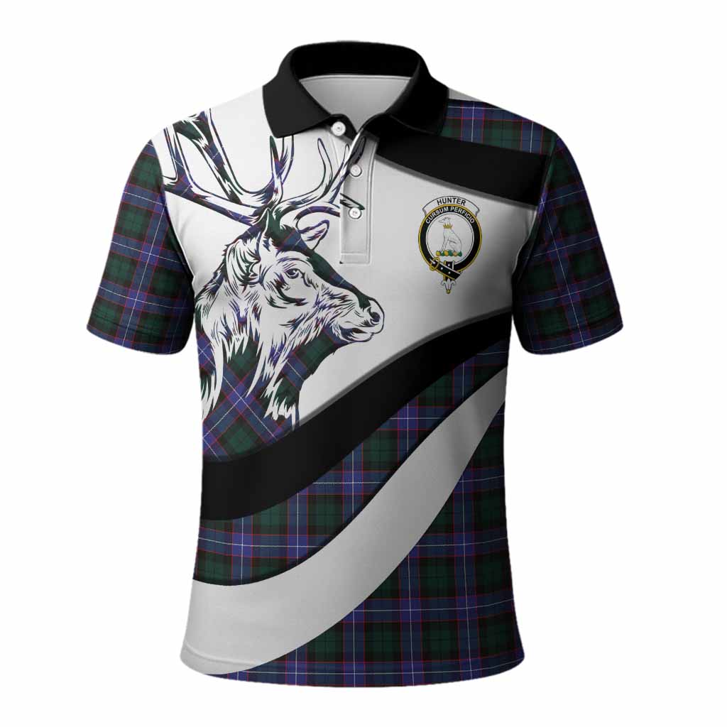 Hunter (Hunterston) Tartan Family Crest Polo Shirt Scottish Red Deer Curves Style