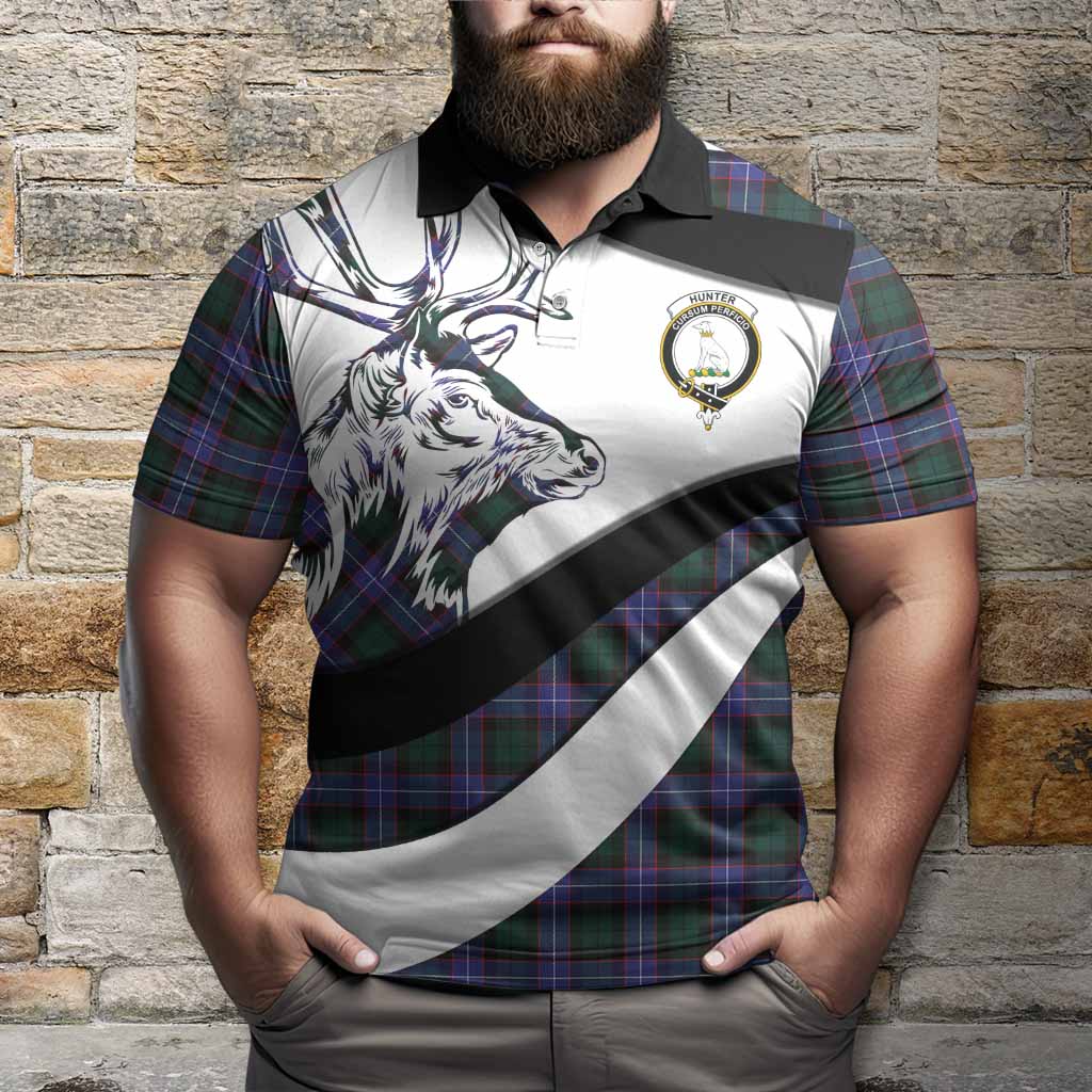 Hunter (Hunterston) Tartan Family Crest Polo Shirt Scottish Red Deer Curves Style