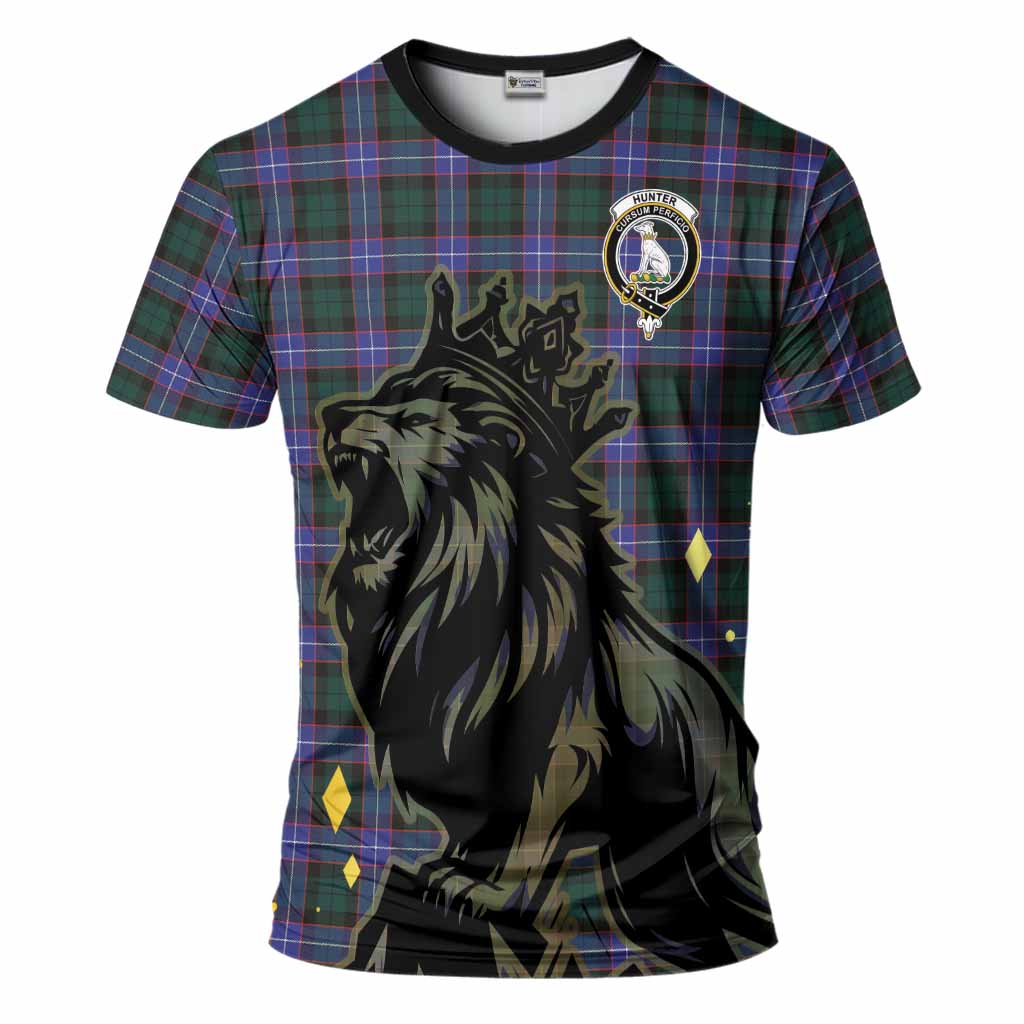 Hunter (Hunterston) Tartan Family Crest T-Shirt Crowned Lion Roaring