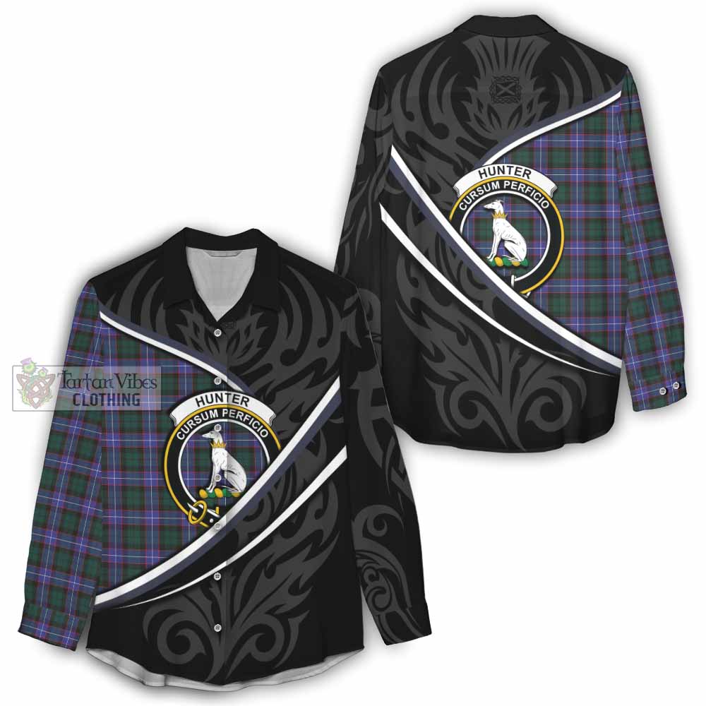 Hunter (Hunterston) Tartan Family Crest Women Casual Shirt Celtic Scottish Thistle Floral - Tartan Vibes Clothing