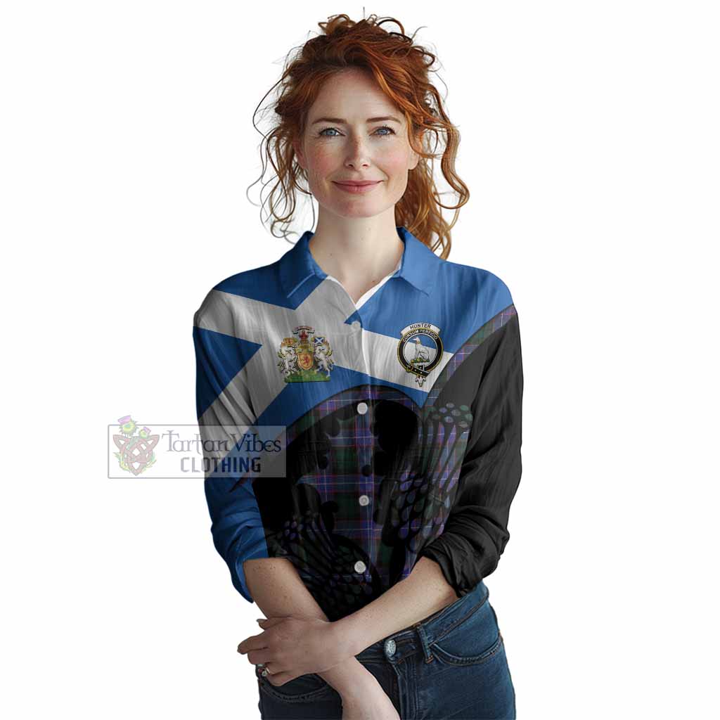 Hunter (Hunterston) Tartan Family Crest Women Casual Shirt Scotland Thistle Floral Flag Style