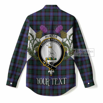 Hunter (Hunterston) Tartan Family Crest Women Casual Shirt Scottish Burns Night Thistle Floral