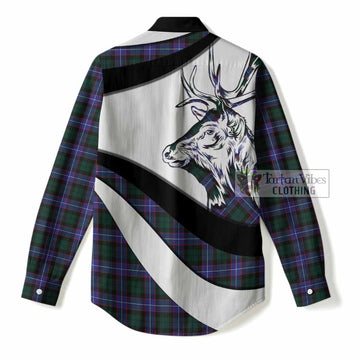 Hunter (Hunterston) Tartan Family Crest Women Casual Shirt Scottish Red Deer Curves Style