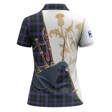 Hunter (Hunterston) Tartan Family Crest Women Polo Shirt Bagpipes with Scottish Thistle