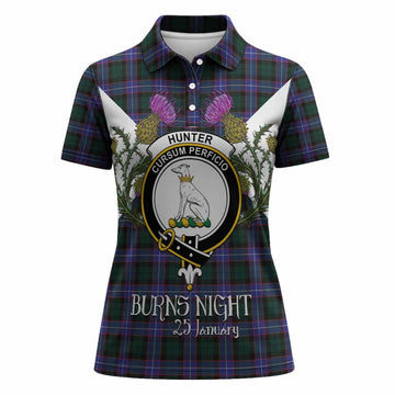 Hunter (Hunterston) Tartan Family Crest Women Polo Shirt Scottish Burns Night Thistle Floral