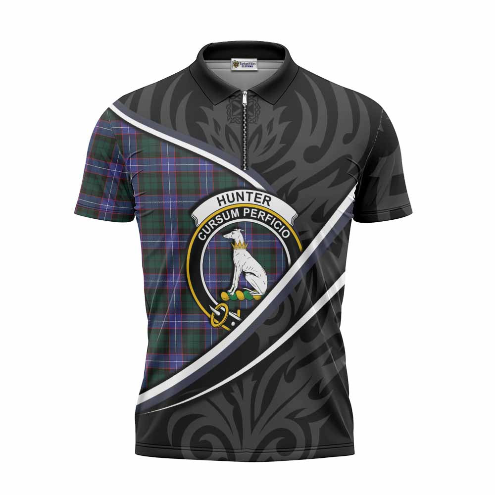 Hunter (Hunterston) Tartan Family Crest Zipper Polo Shirt Celtic Scottish Thistle Floral - Tartan Vibes Clothing