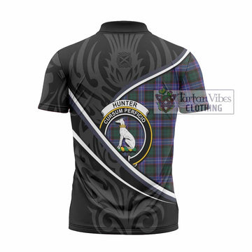 Hunter (Hunterston) Tartan Family Crest Zipper Polo Shirt Celtic Scottish Thistle Floral