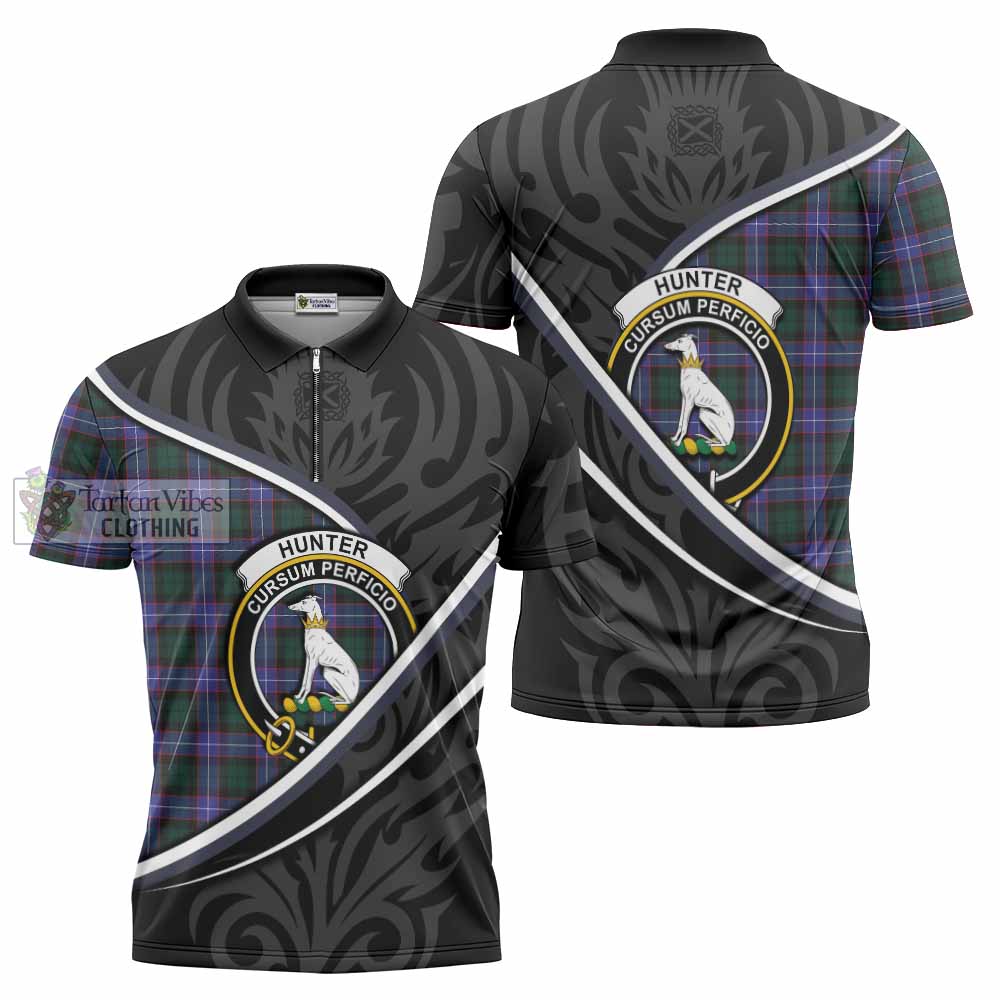 Hunter (Hunterston) Tartan Family Crest Zipper Polo Shirt Celtic Scottish Thistle Floral - Tartan Vibes Clothing