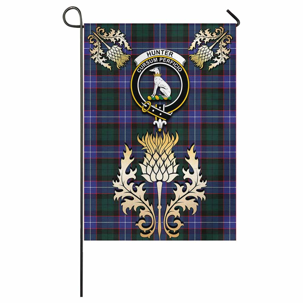 Hunter (Hunterston) Tartan Garden Flag with Golden Regal Scottish Thistle Emblem - Tartan Vibes Clothing