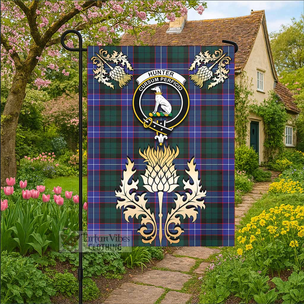 Hunter (Hunterston) Tartan Garden Flag with Golden Regal Scottish Thistle Emblem - Tartan Vibes Clothing