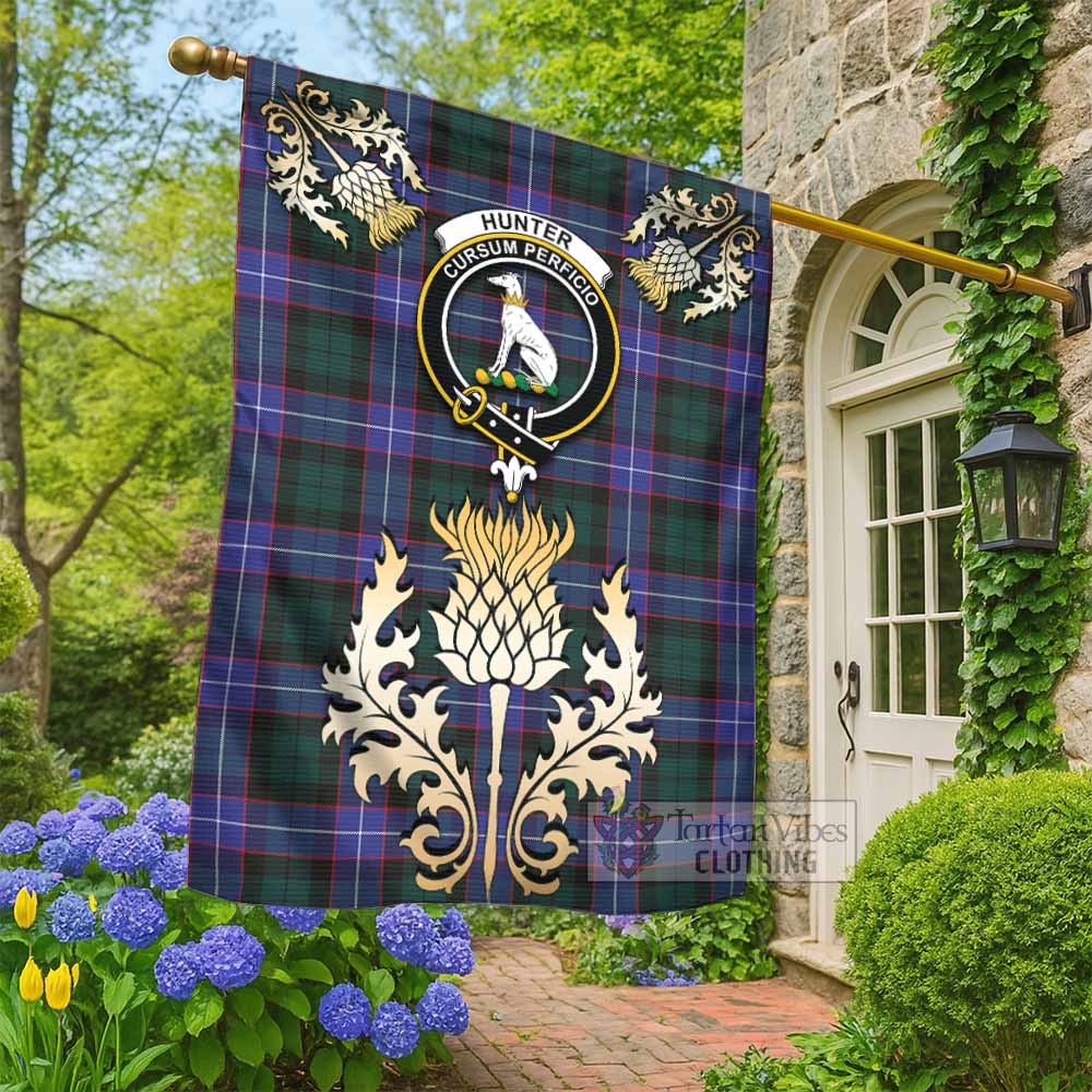 Hunter (Hunterston) Tartan Garden Flag with Golden Regal Scottish Thistle Emblem - Tartan Vibes Clothing