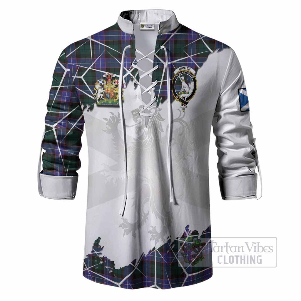 Hunter (Hunterston) Tartan Ghillie Shirt with Family Crest and Lion Rampant Grunge Style