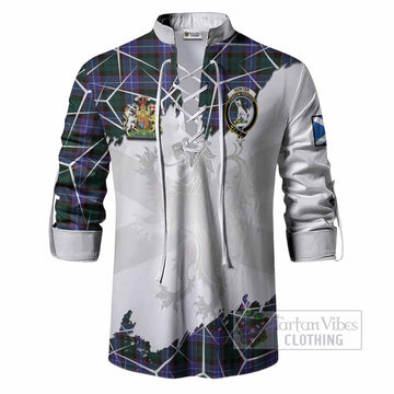 Hunter (Hunterston) Tartan Ghillie Shirt with Family Crest and Lion Rampant Grunge Style