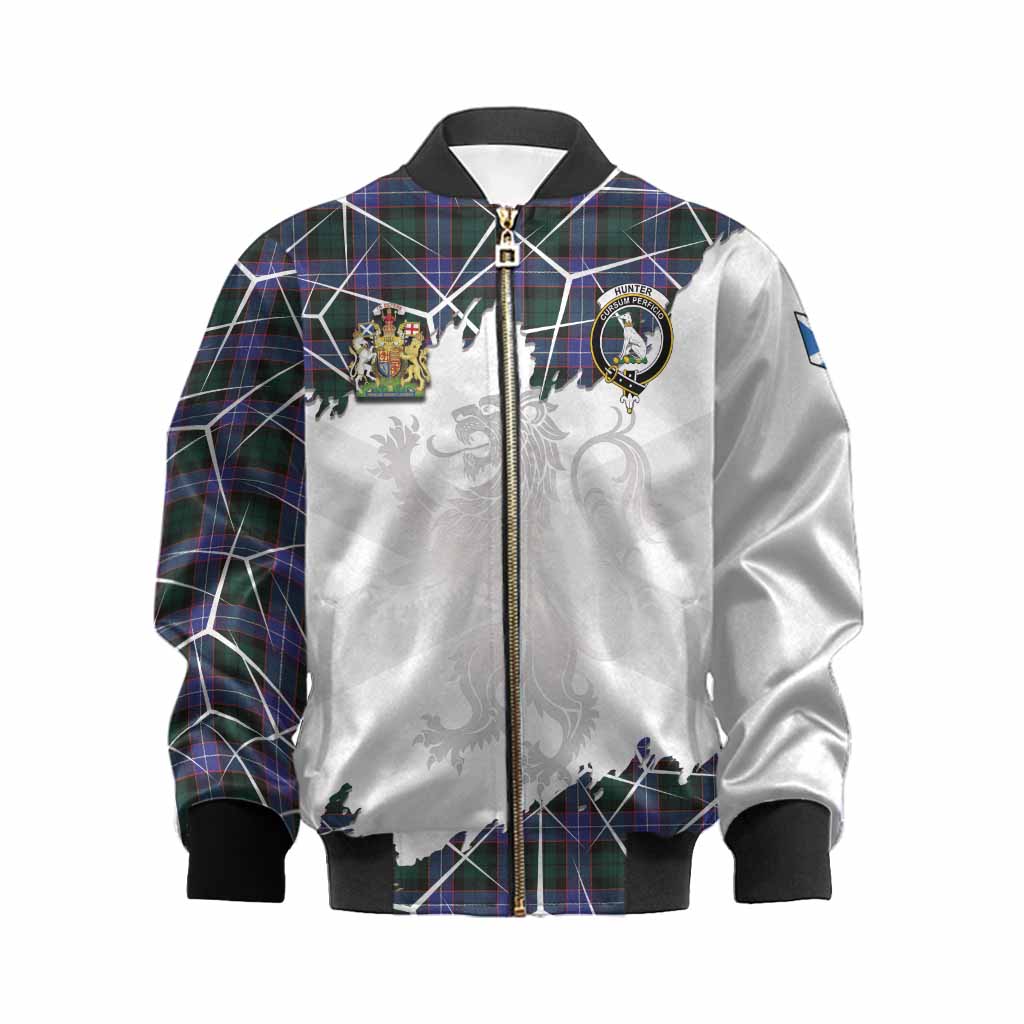 Hunter (Hunterston) Tartan Kid Bomber Jacket with Family Crest and Lion Rampant Grunge Style