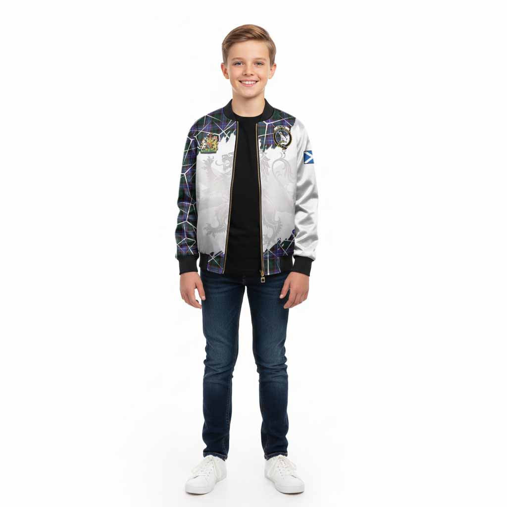 Hunter (Hunterston) Tartan Kid Bomber Jacket with Family Crest and Lion Rampant Grunge Style