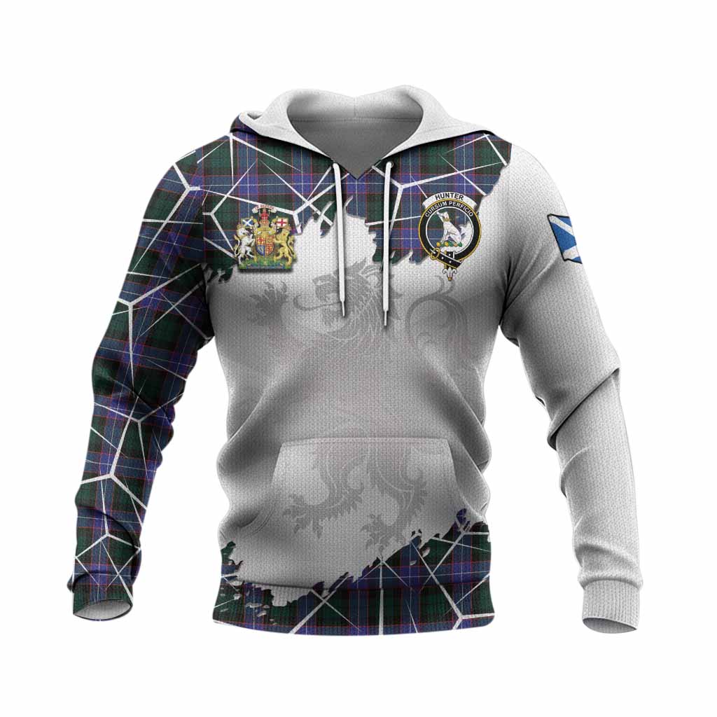 Hunter (Hunterston) Tartan Knitted Hoodie with Family Crest and Lion Rampant Grunge Style