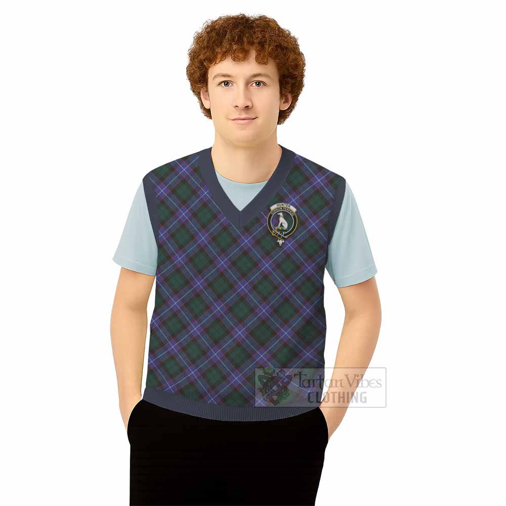 Hunter (Hunterston) Tartan Knitted V-Neck Vest with Family Crest Cross Style