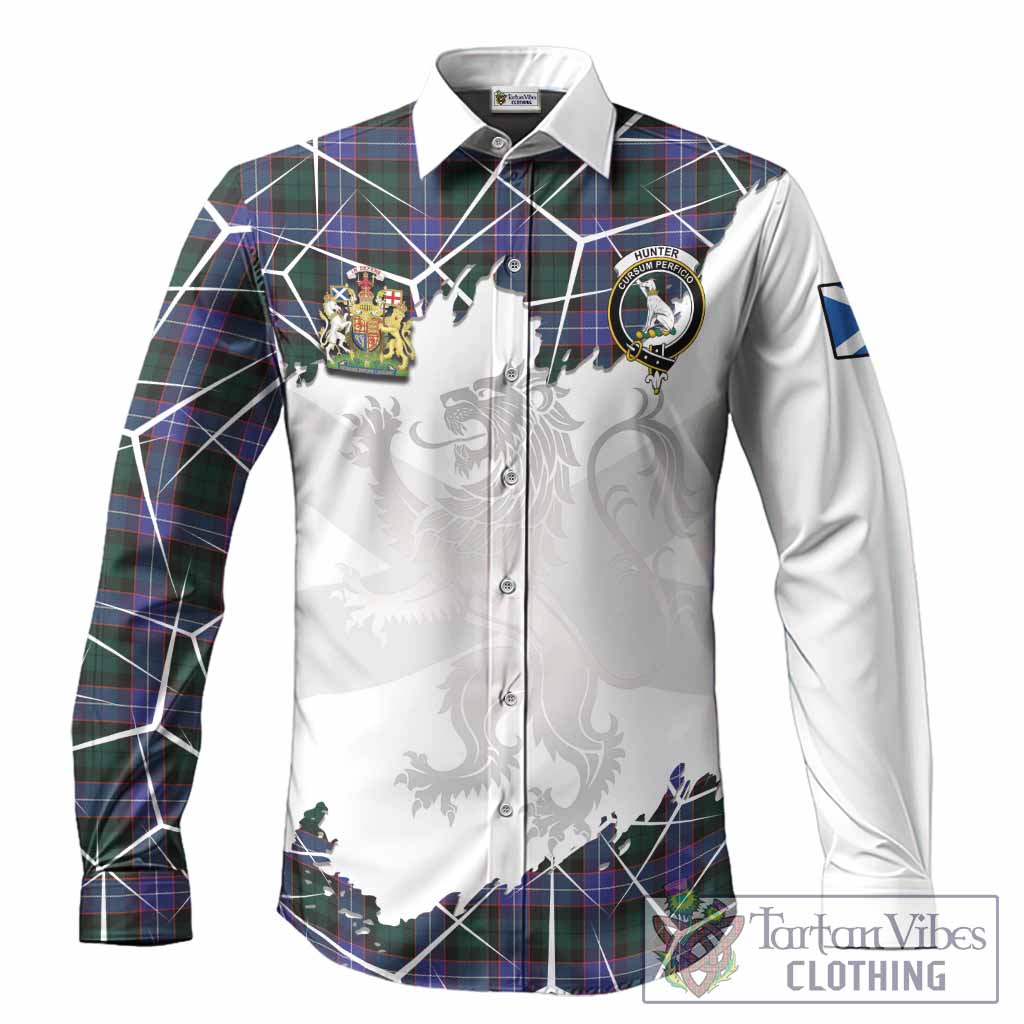Hunter (Hunterston) Tartan Long Sleeve Button Shirts with Family Crest and Lion Rampant Grunge Style