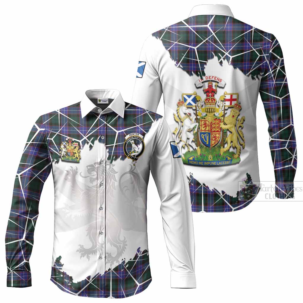 Hunter (Hunterston) Tartan Long Sleeve Button Shirts with Family Crest and Lion Rampant Grunge Style