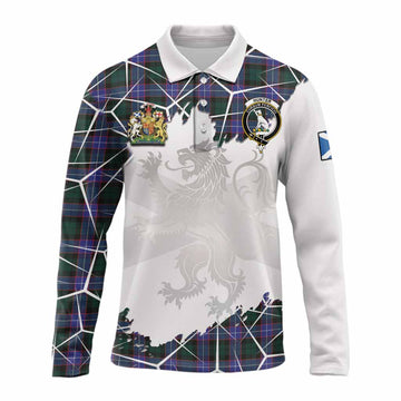 Hunter (Hunterston) Tartan Long Sleeve Polo Shirt with Family Crest and Lion Rampant Grunge Style