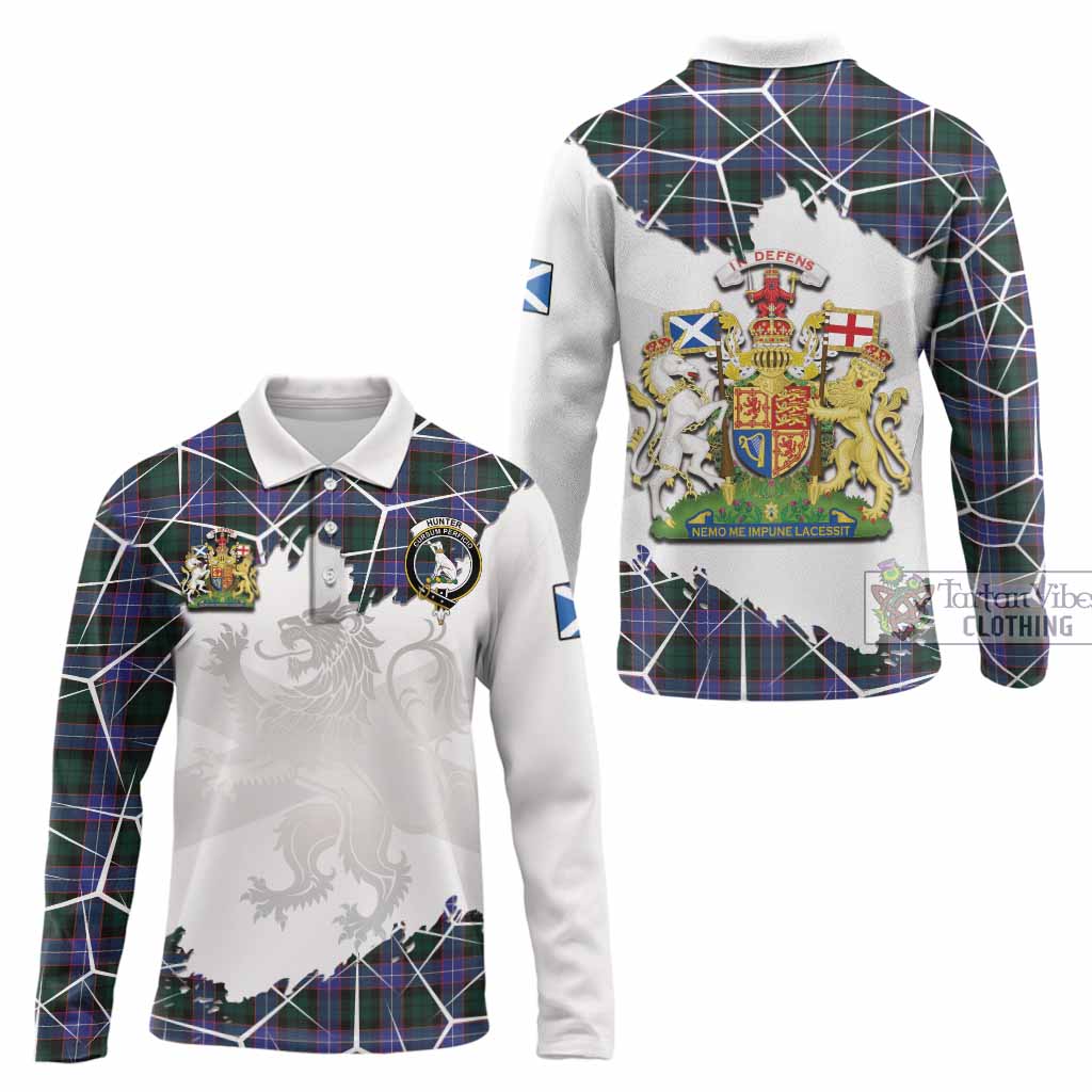 Hunter (Hunterston) Tartan Long Sleeve Polo Shirt with Family Crest and Lion Rampant Grunge Style
