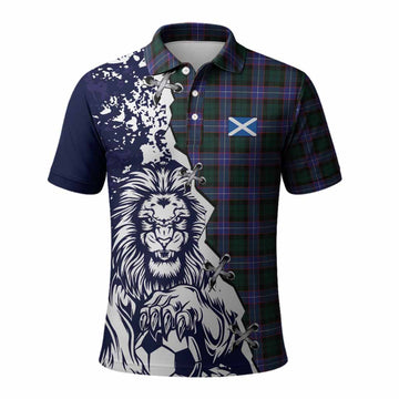 Hunter (Hunterston) Tartan Scottish Polo Shirt Angry Lion With Soccer Ball Style