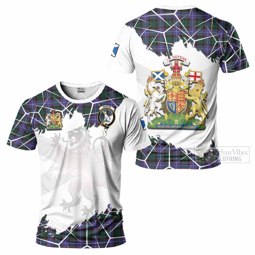 Hunter (Hunterston) Tartan T-Shirt with Family Crest and Lion Rampant Grunge Style