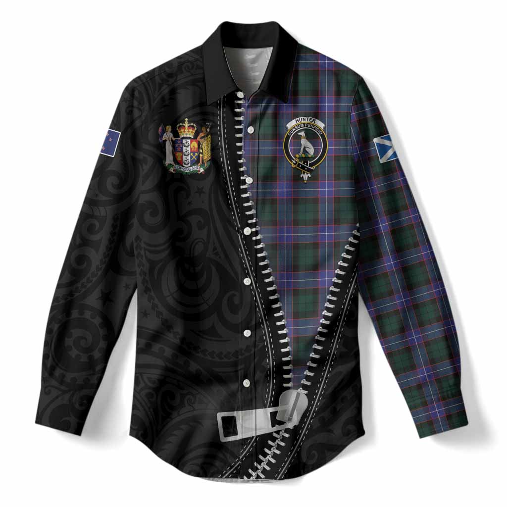 Hunter (Hunterston) Tartan Women Casual Shirt New Zealand Pattern Unique Zipper Stylized