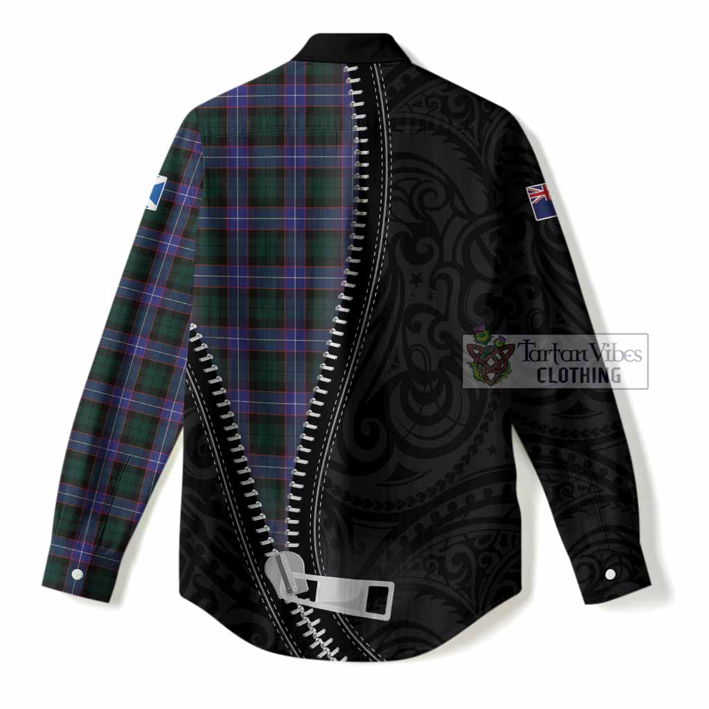Hunter (Hunterston) Tartan Women Casual Shirt New Zealand Pattern Unique Zipper Stylized