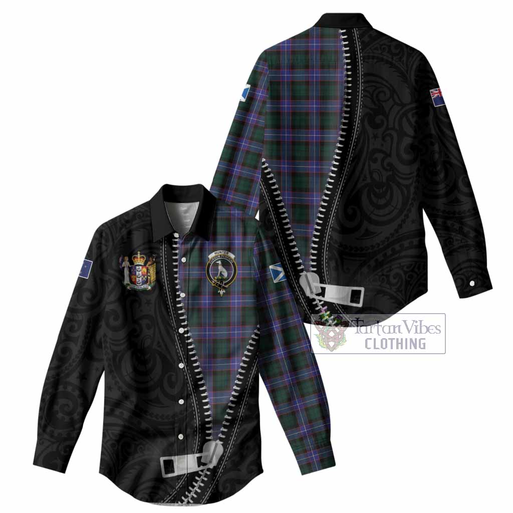 Hunter (Hunterston) Tartan Women Casual Shirt New Zealand Pattern Unique Zipper Stylized
