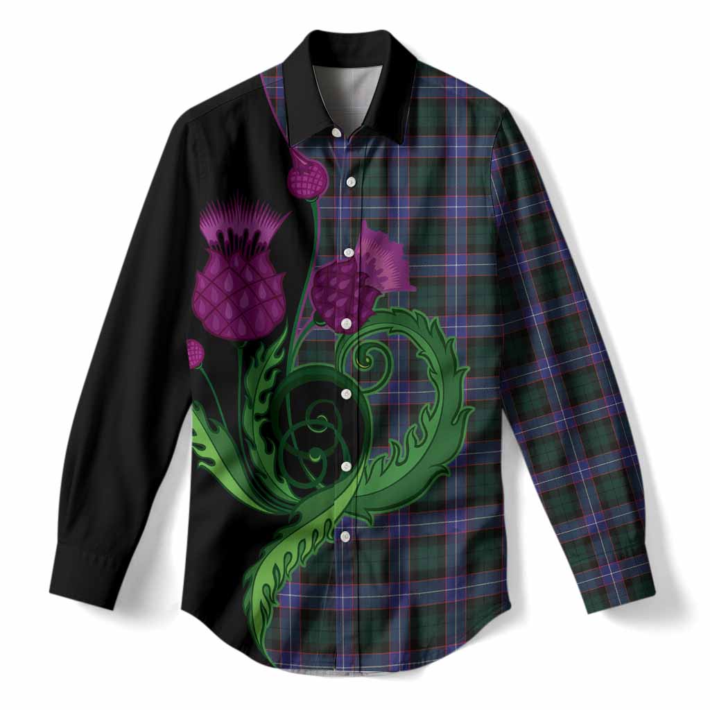 Hunter (Hunterston) Tartan Women Casual Shirt Traditional Scottish Thistle