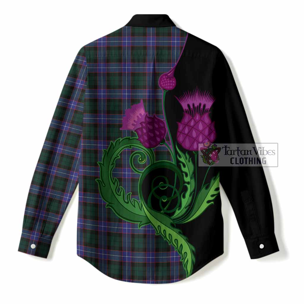 Hunter (Hunterston) Tartan Women Casual Shirt Traditional Scottish Thistle