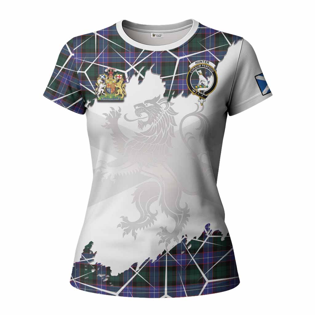 Hunter (Hunterston) Tartan Women T shirt with Family Crest and Lion Rampant Grunge Style