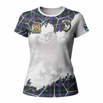 Hunter (Hunterston) Tartan Women T shirt with Family Crest and Lion Rampant Grunge Style